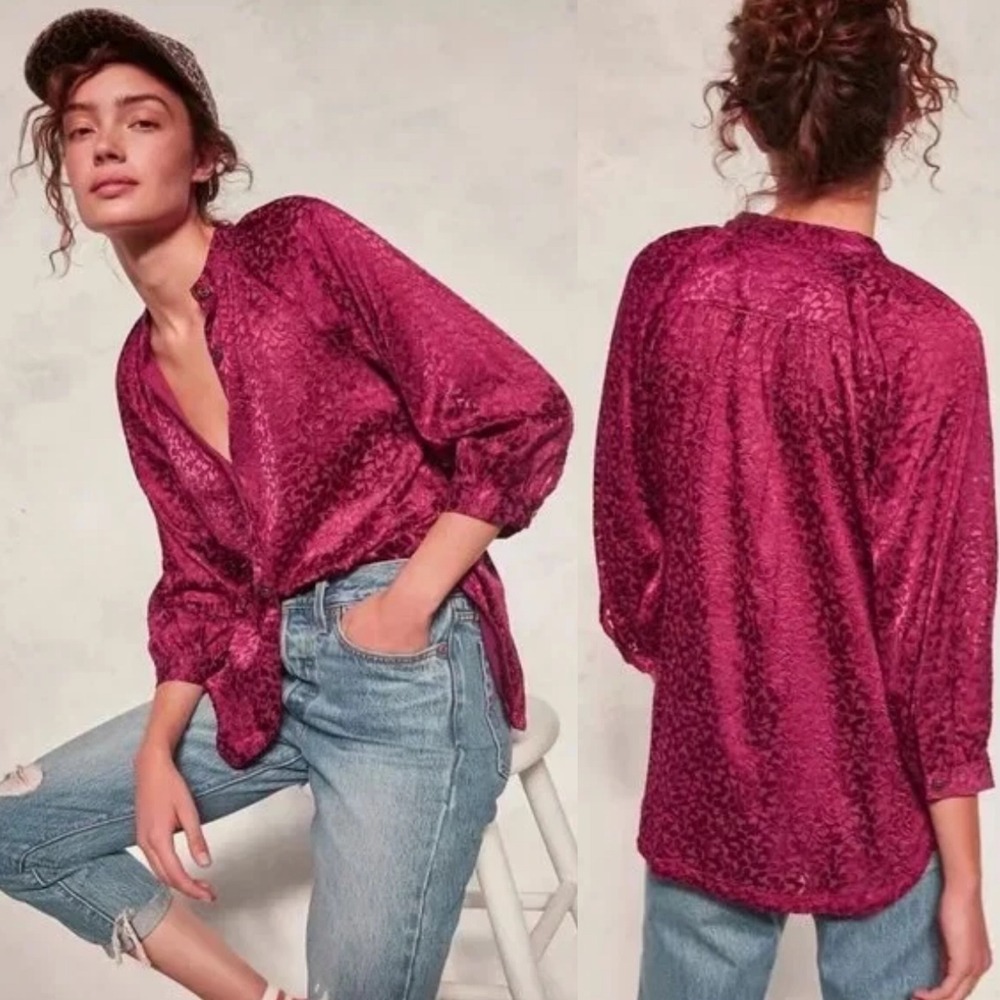 Anthropologie Susanna Velvet Burnout Semi-Sheer Button Down Blouse Cranberry XS